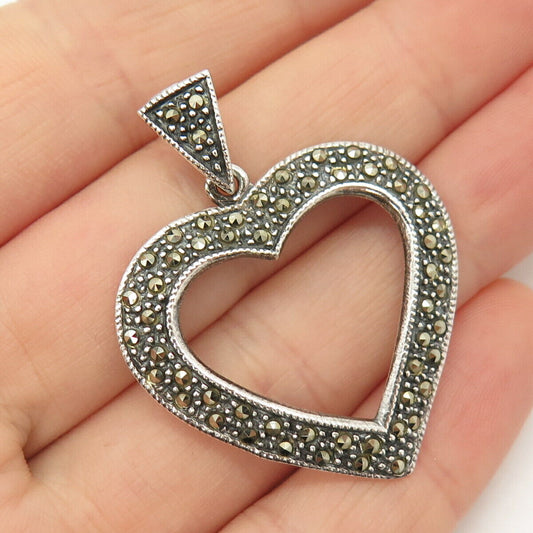 925 Sterling Silver Vintage Real Marcasite Gem Open Heart Pendant