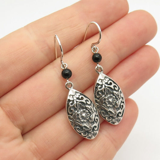 925 Sterling Silver Real Black Onyx Gemstone Floral Dangling Earrings