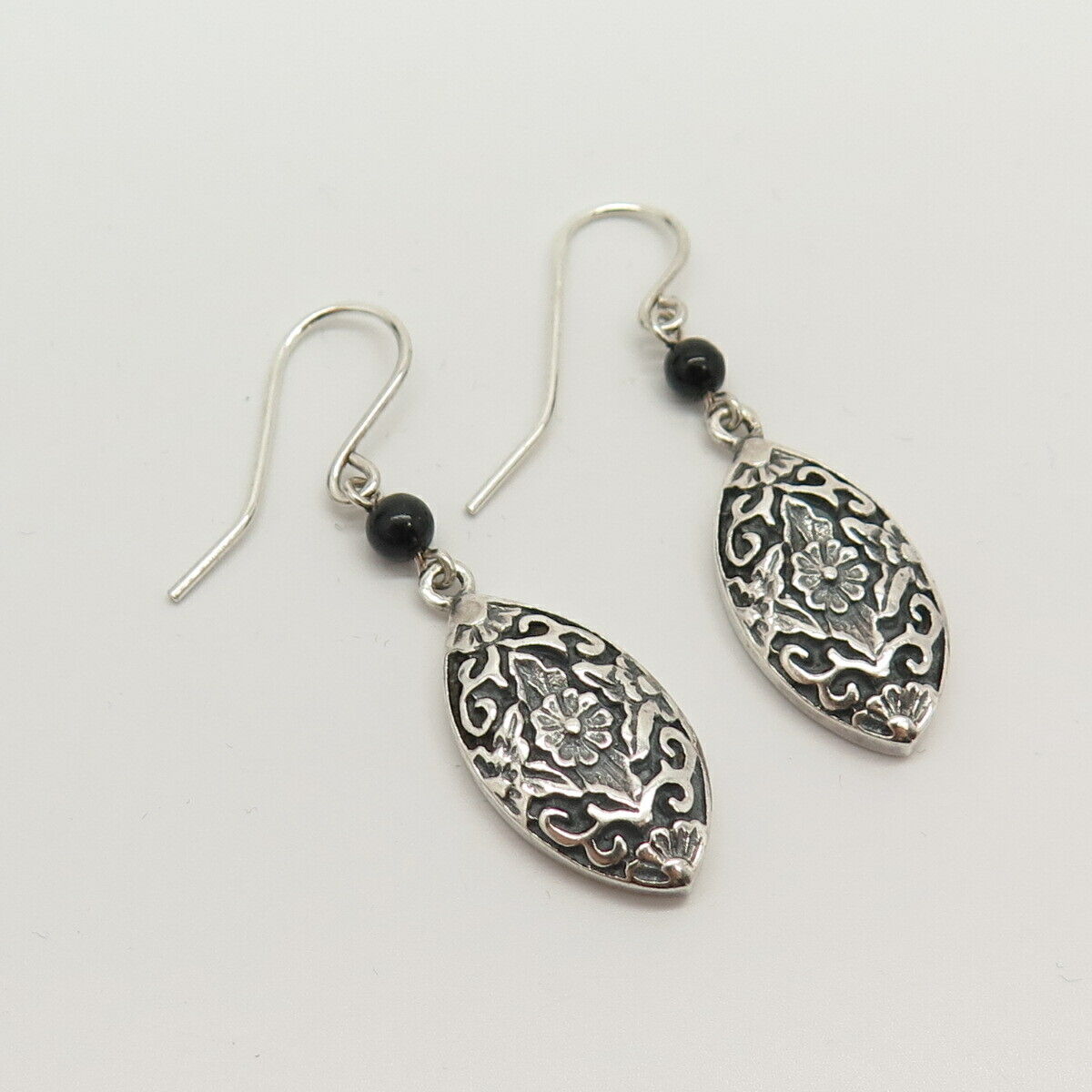 925 Sterling Silver Real Black Onyx Gemstone Floral Dangling Earrings