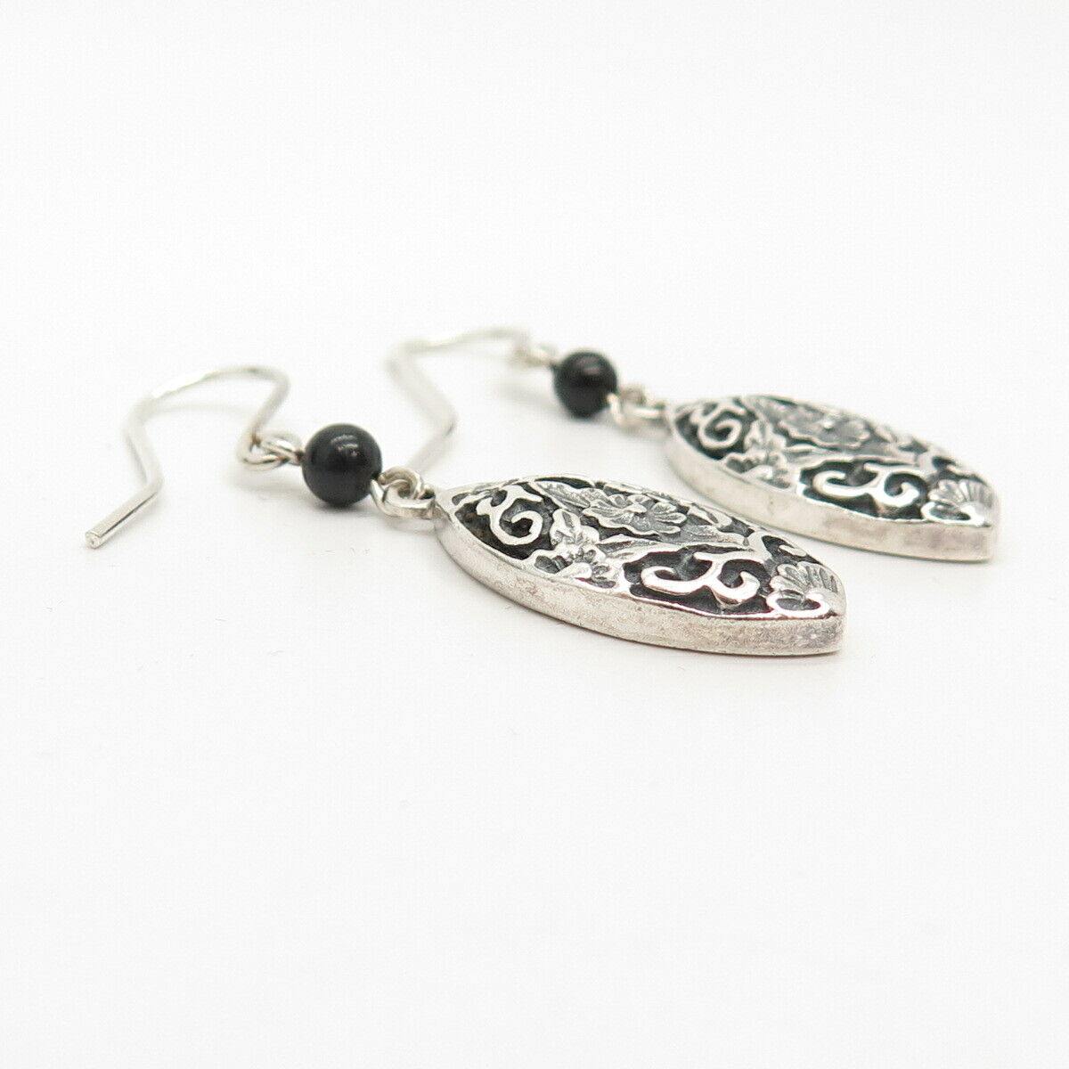 925 Sterling Silver Real Black Onyx Gemstone Floral Dangling Earrings