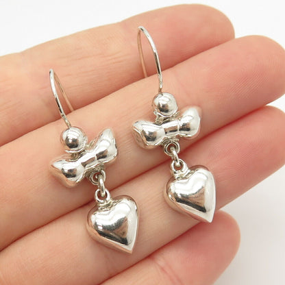 925 Sterling Silver Vintage Mexico Heart & Bow Tie Dangling Earrings