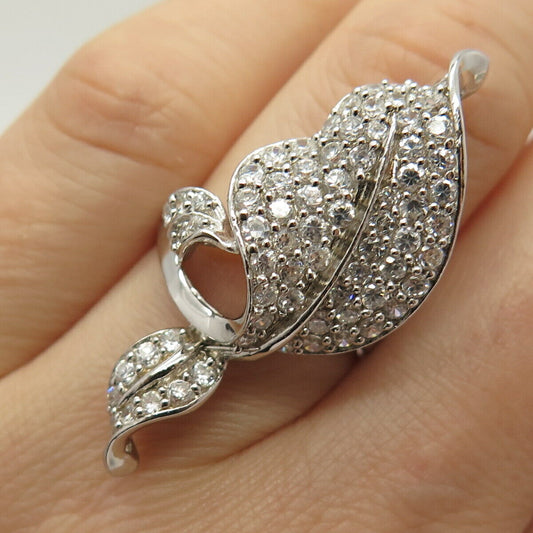 925 Sterling Silver C Z Leaf Design Long Ring