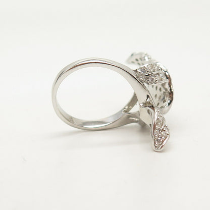 925 Sterling Silver C Z Leaf Design Long Ring