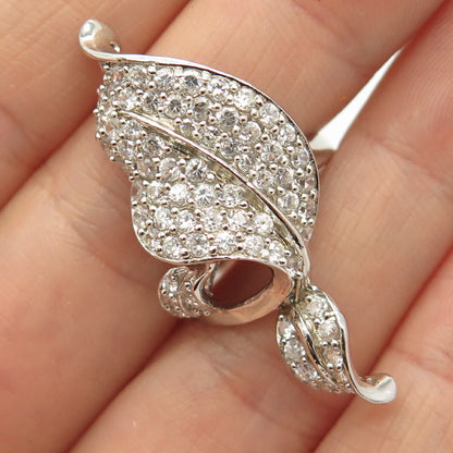 925 Sterling Silver C Z Leaf Design Long Ring