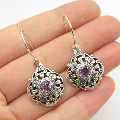 925 Sterling Silver Real Amethyst Gemstone Ornate Dangling Earrings