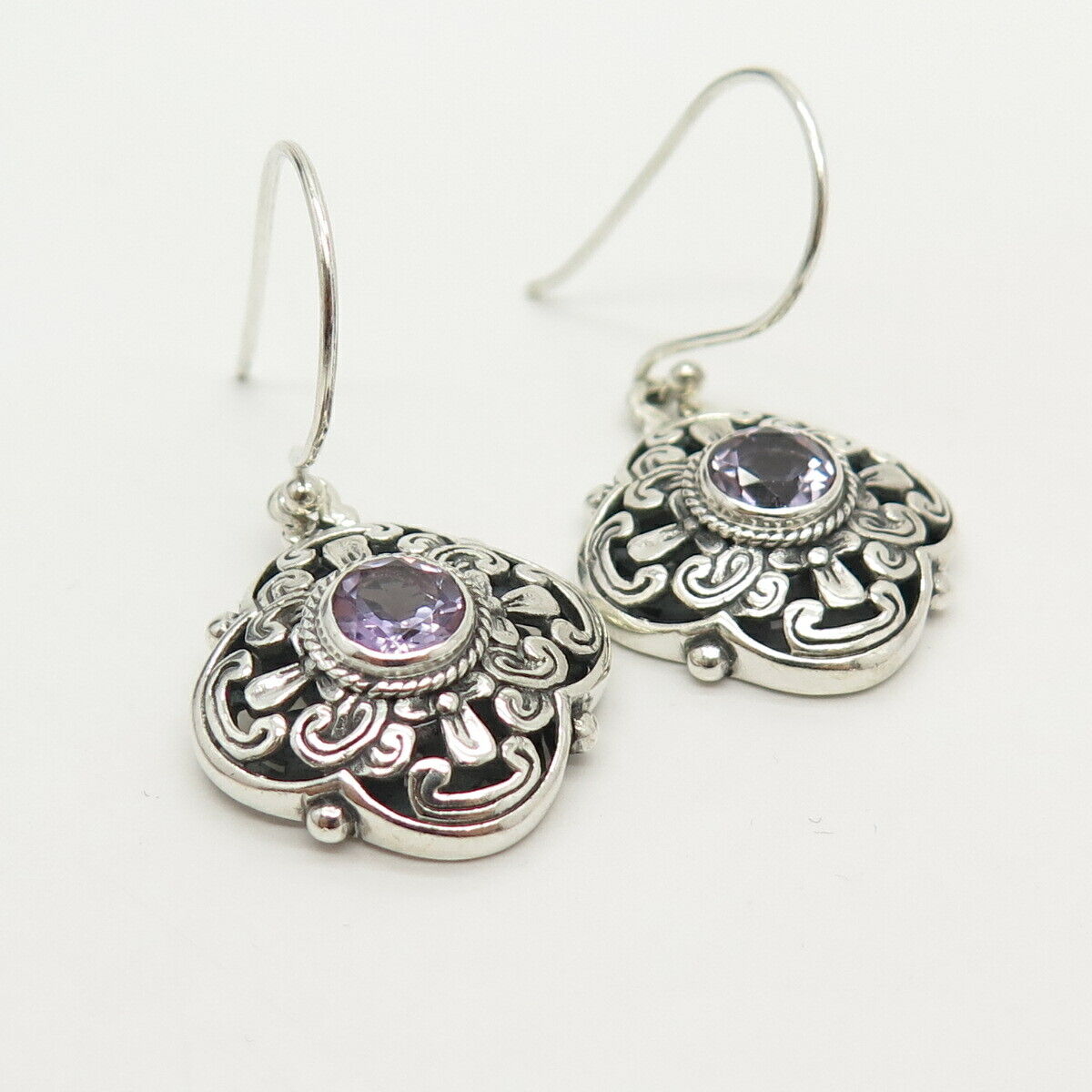 925 Sterling Silver Real Amethyst Gemstone Ornate Dangling Earrings