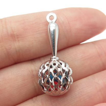 925 Sterling Silver Antique Art Deco Red & Blue Glass Baby Rattle Pendant