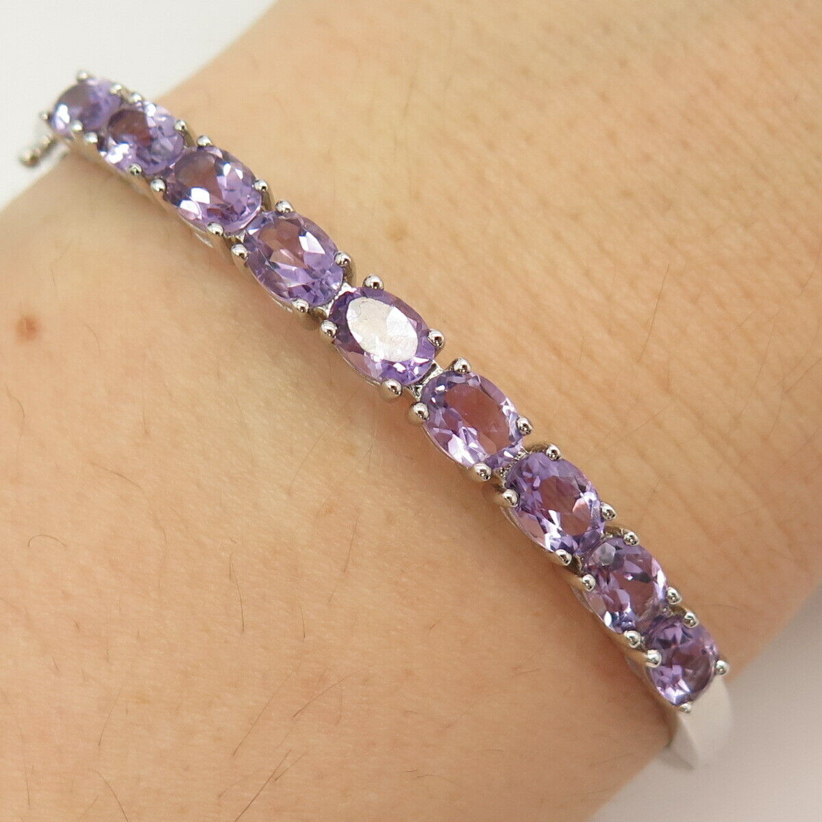 925 Sterling Silver Amethyst-Tone C Z Tennis Link Bracelet 7"