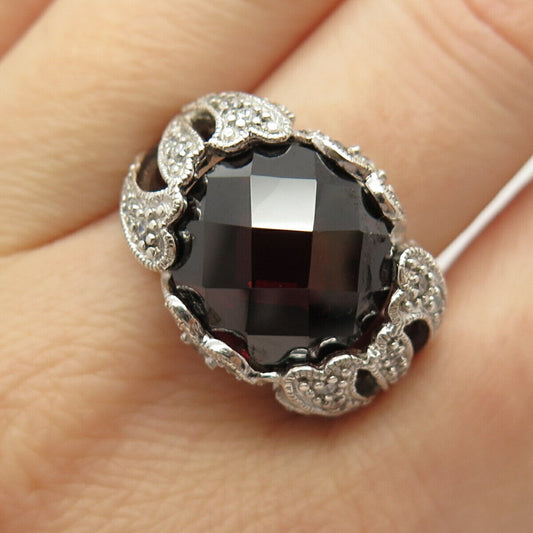 925 Sterling Silver Real Checkered Red Garnet Gemstone & C Z Ring Size 9