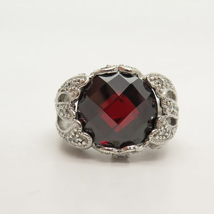 925 Sterling Silver Real Checkered Red Garnet Gemstone & C Z Ring Size 9