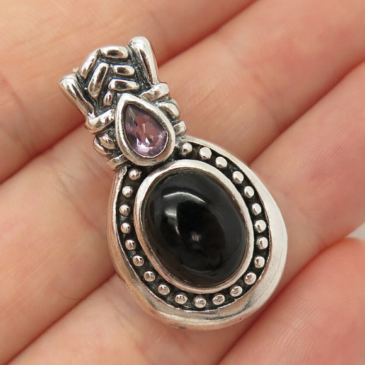 925 Sterling Silver Vintage Real Amethyst & Black Onyx Gem Pendant