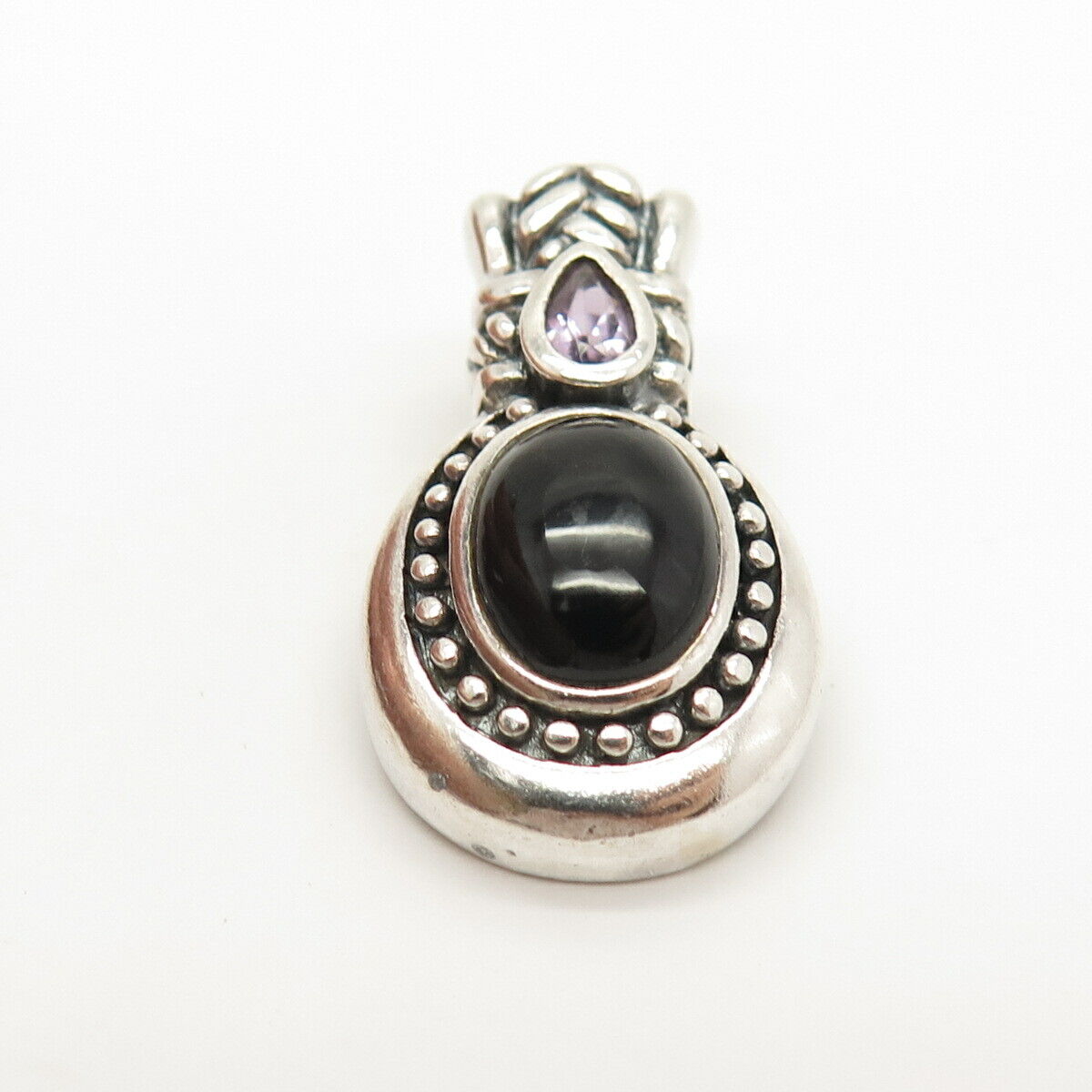 925 Sterling Silver Vintage Real Amethyst & Black Onyx Gem Pendant