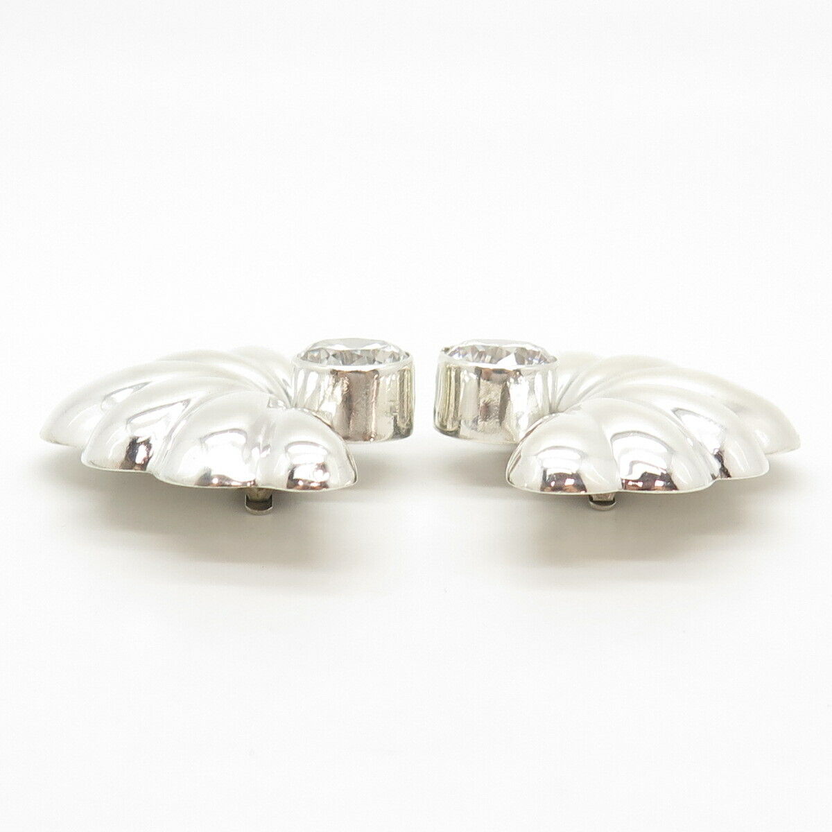 950 Silver Vintage Mexico C Z Ribbed Hollow Clip On Earrings