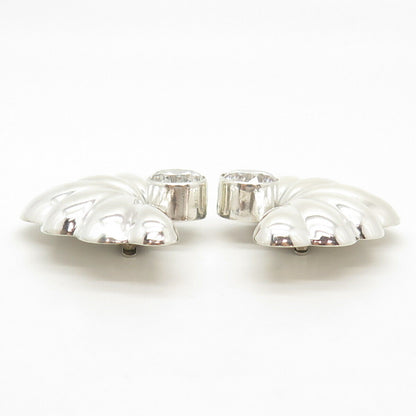 950 Silver Vintage Mexico C Z Ribbed Hollow Clip On Earrings