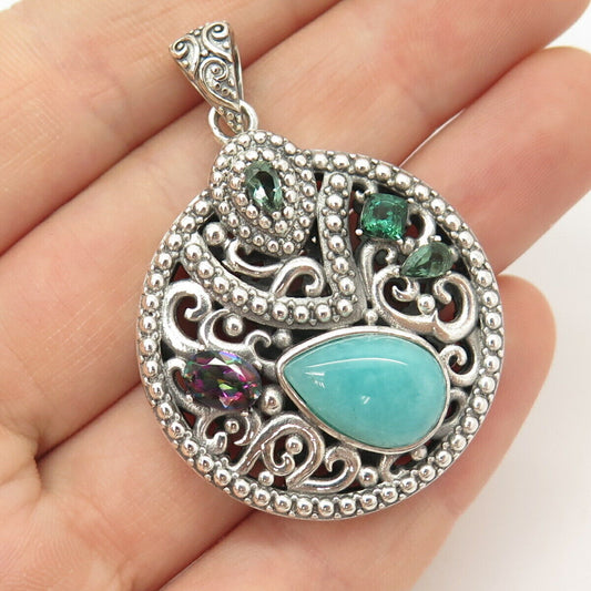 925 Sterling Silver Beria Real Multi-Color Gemstone Ornate Pendant