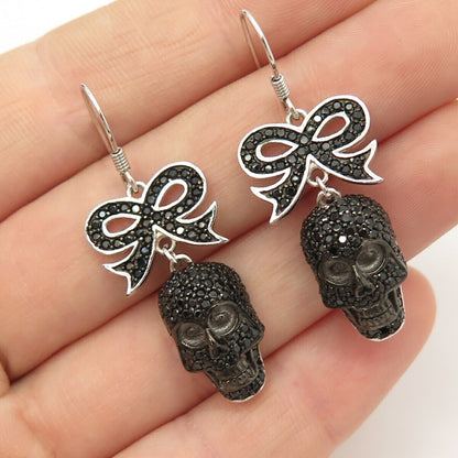 925 Sterling Silver Real Melanite Gem Bow Tie & Skull Dangling Earrings