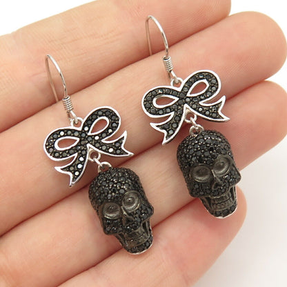 925 Sterling Silver Real Melanite Gem Bow Tie & Skull Dangling Earrings