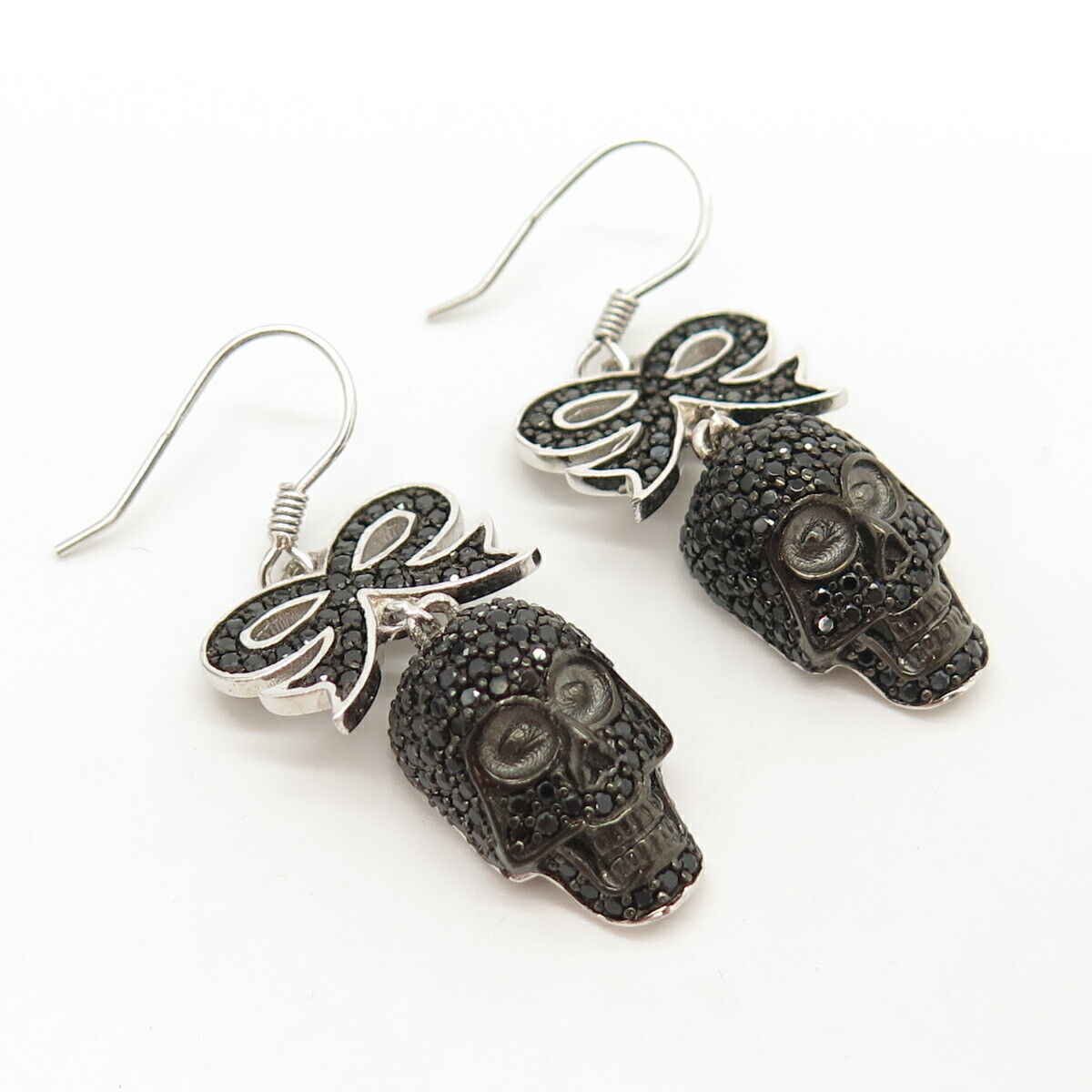 925 Sterling Silver Real Melanite Gem Bow Tie & Skull Dangling Earrings