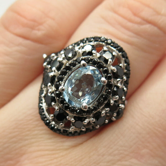 925 Sterling Silver Real Melanite & Blue Topaz Gem Ring Size 7