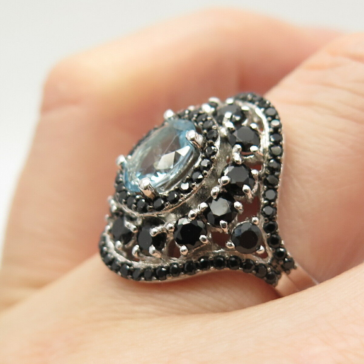 925 Sterling Silver Real Melanite & Blue Topaz Gem Ring Size 7