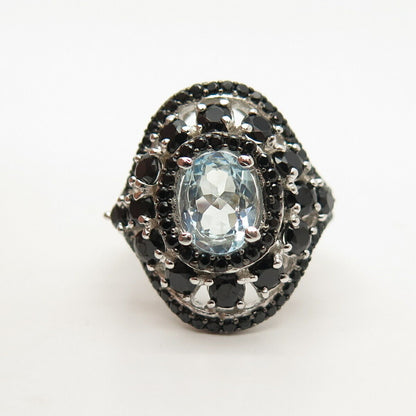 925 Sterling Silver Real Melanite & Blue Topaz Gem Ring Size 7