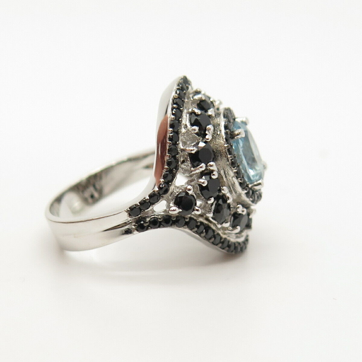 925 Sterling Silver Real Melanite & Blue Topaz Gem Ring Size 7