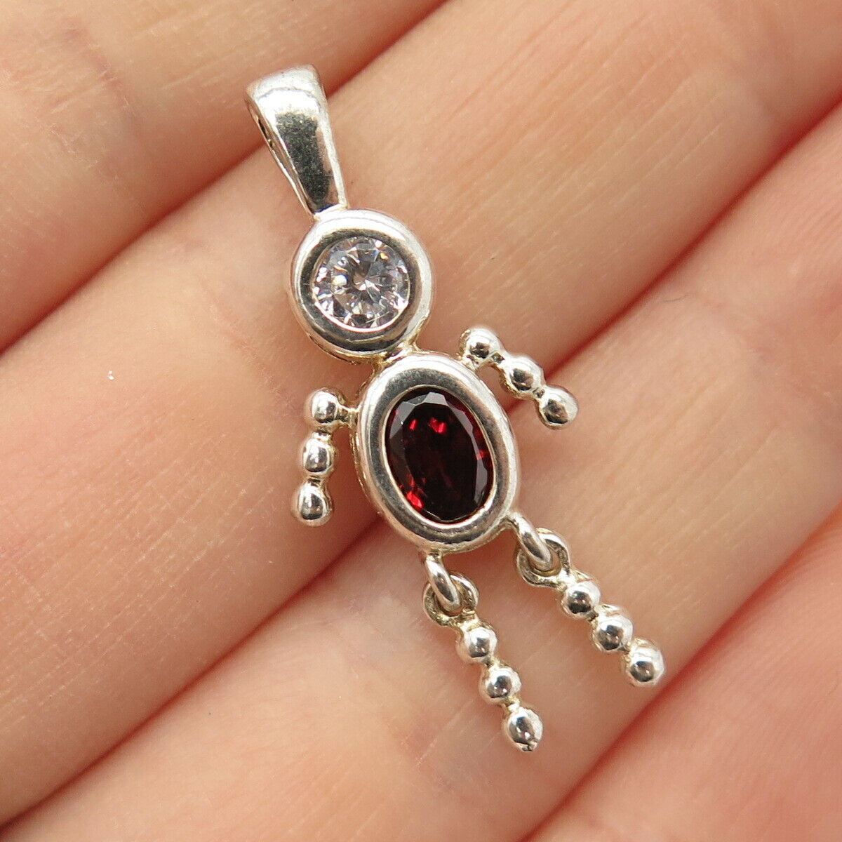 925 Sterling Silver Real Red Garnet Gem & C Z Articulated Man Shape Pendant