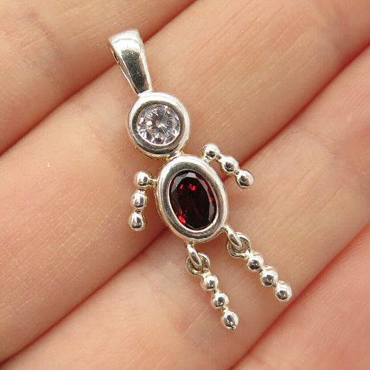 925 Sterling Silver Real Red Garnet Gem & C Z Articulated Man Shape Pendant