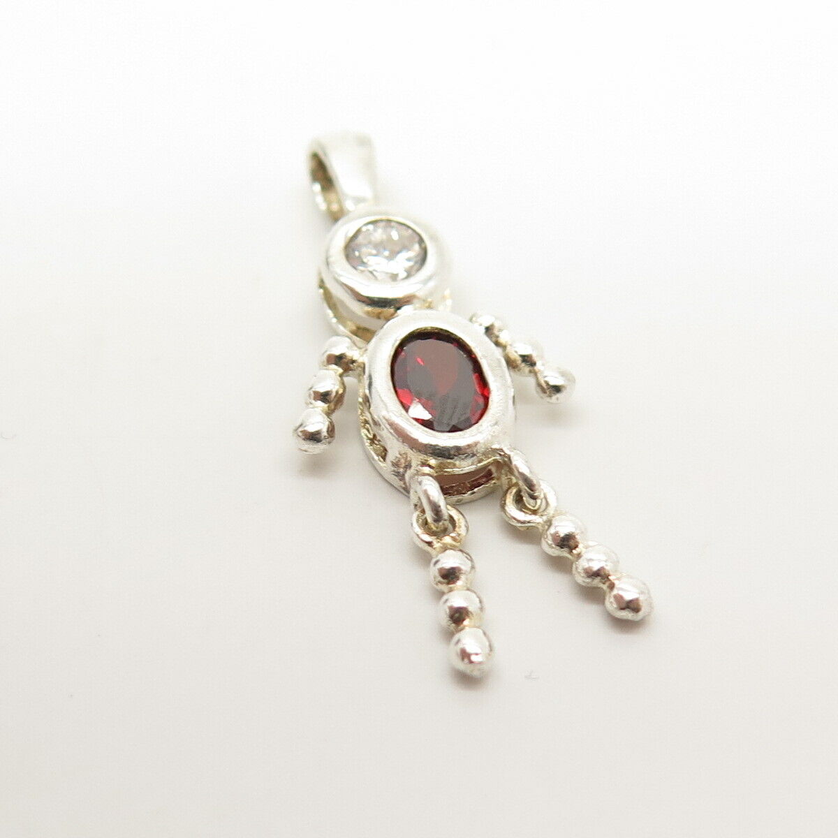 925 Sterling Silver Real Red Garnet Gem & C Z Articulated Man Shape Pendant