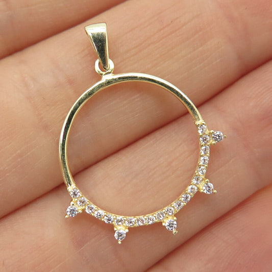 925 Sterling Silver Gold Plated Pave C Z Round Pendant