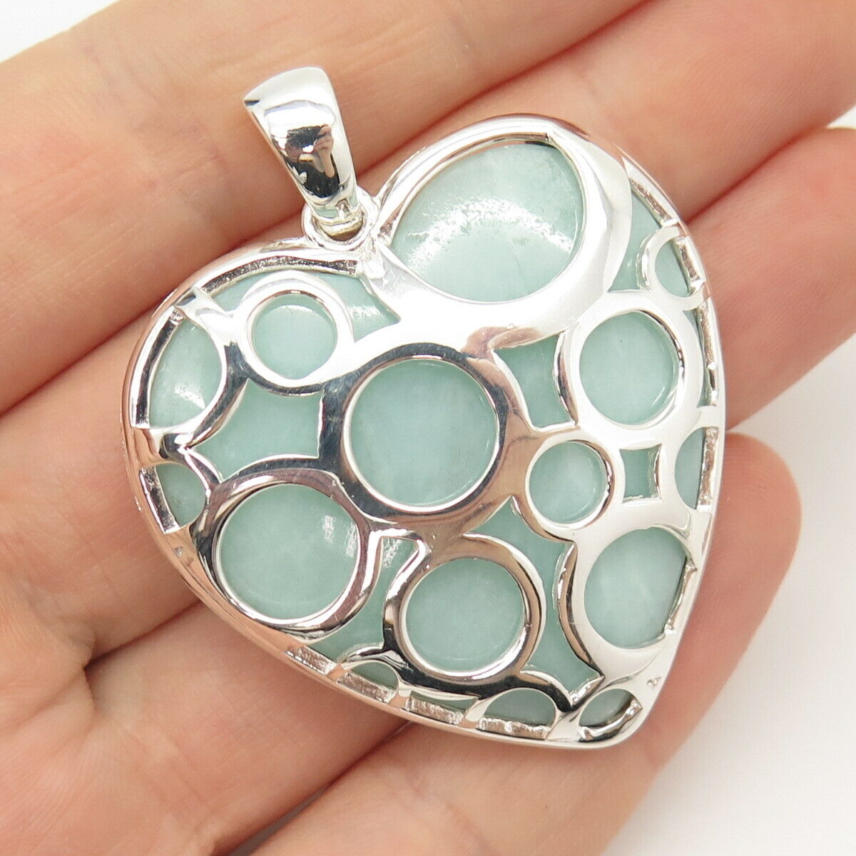 925 Sterling Silver Real Milky Aquamarine Gem Heart Pendant