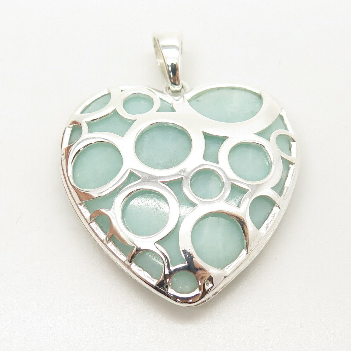 925 Sterling Silver Real Milky Aquamarine Gem Heart Pendant