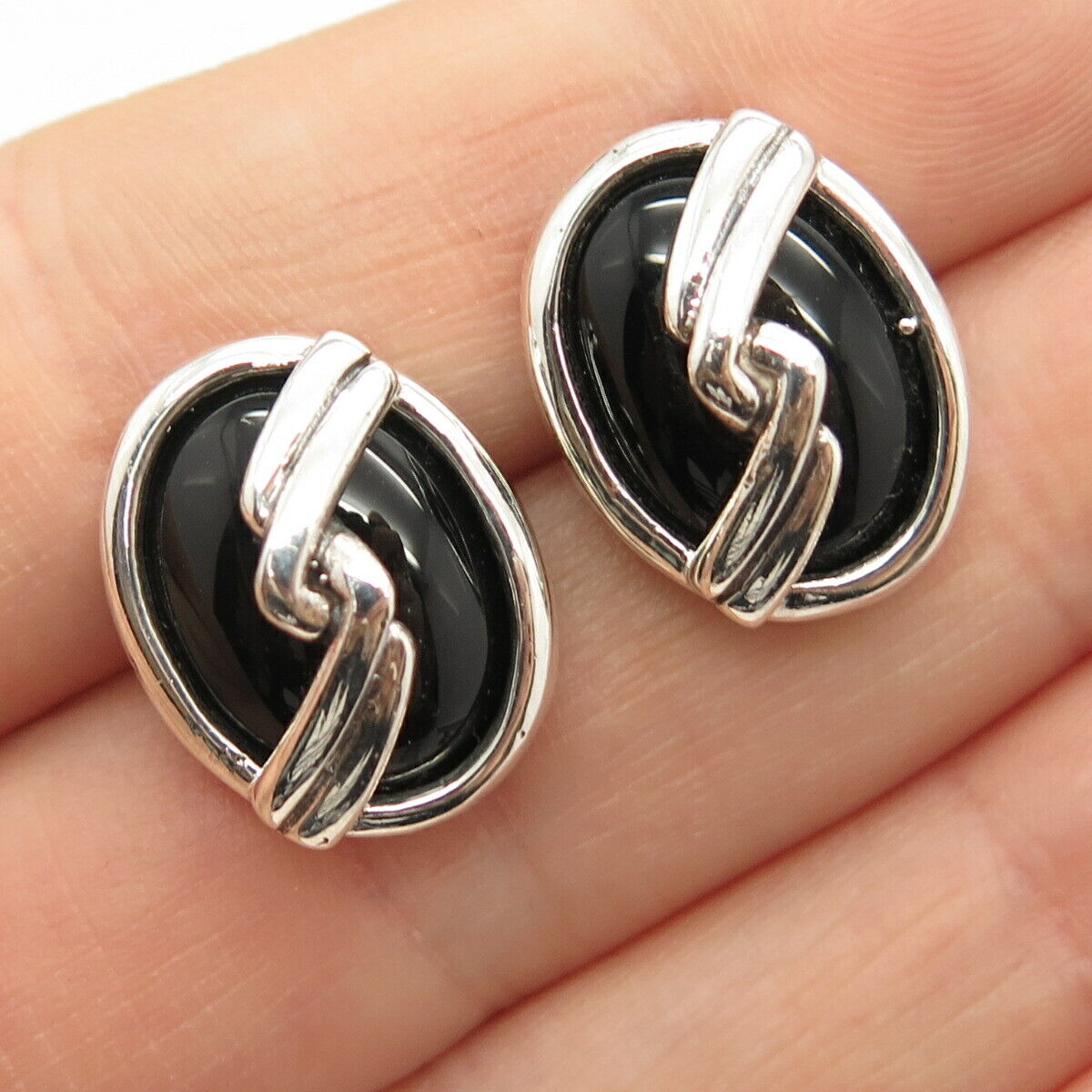 925 Sterling Silver Vintage Real Black Onyx Gem Oval Earrings