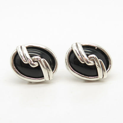 925 Sterling Silver Vintage Real Black Onyx Gem Oval Earrings