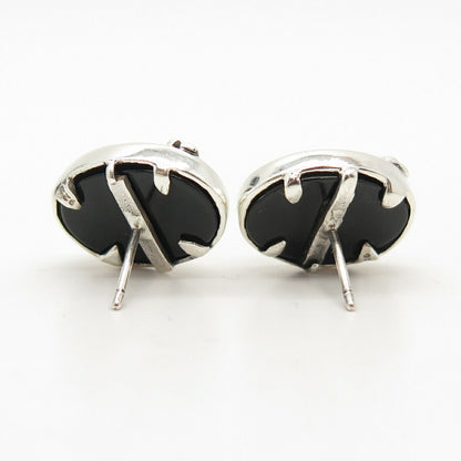 925 Sterling Silver Vintage Real Black Onyx Gem Oval Earrings