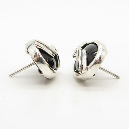 925 Sterling Silver Vintage Real Black Onyx Gem Oval Earrings