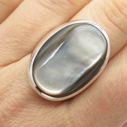 925 Sterling Silver Vintage Real Mother-of-Pearl Statement Ring Size 7.5