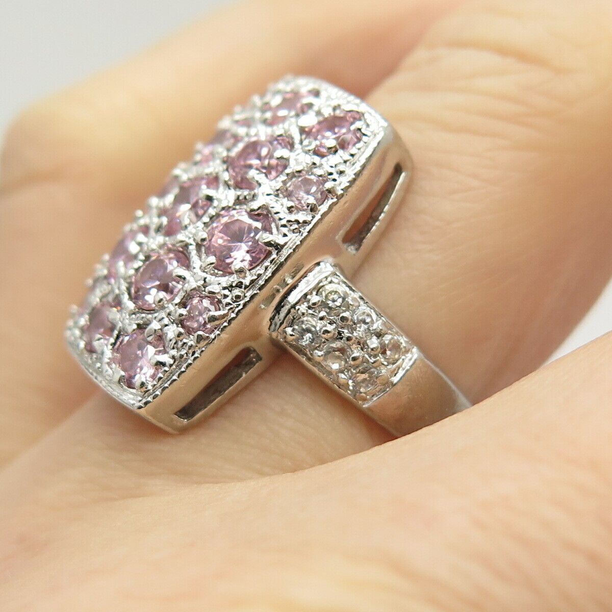 925 Sterling Silver White & Pink C Z Ring Size 6