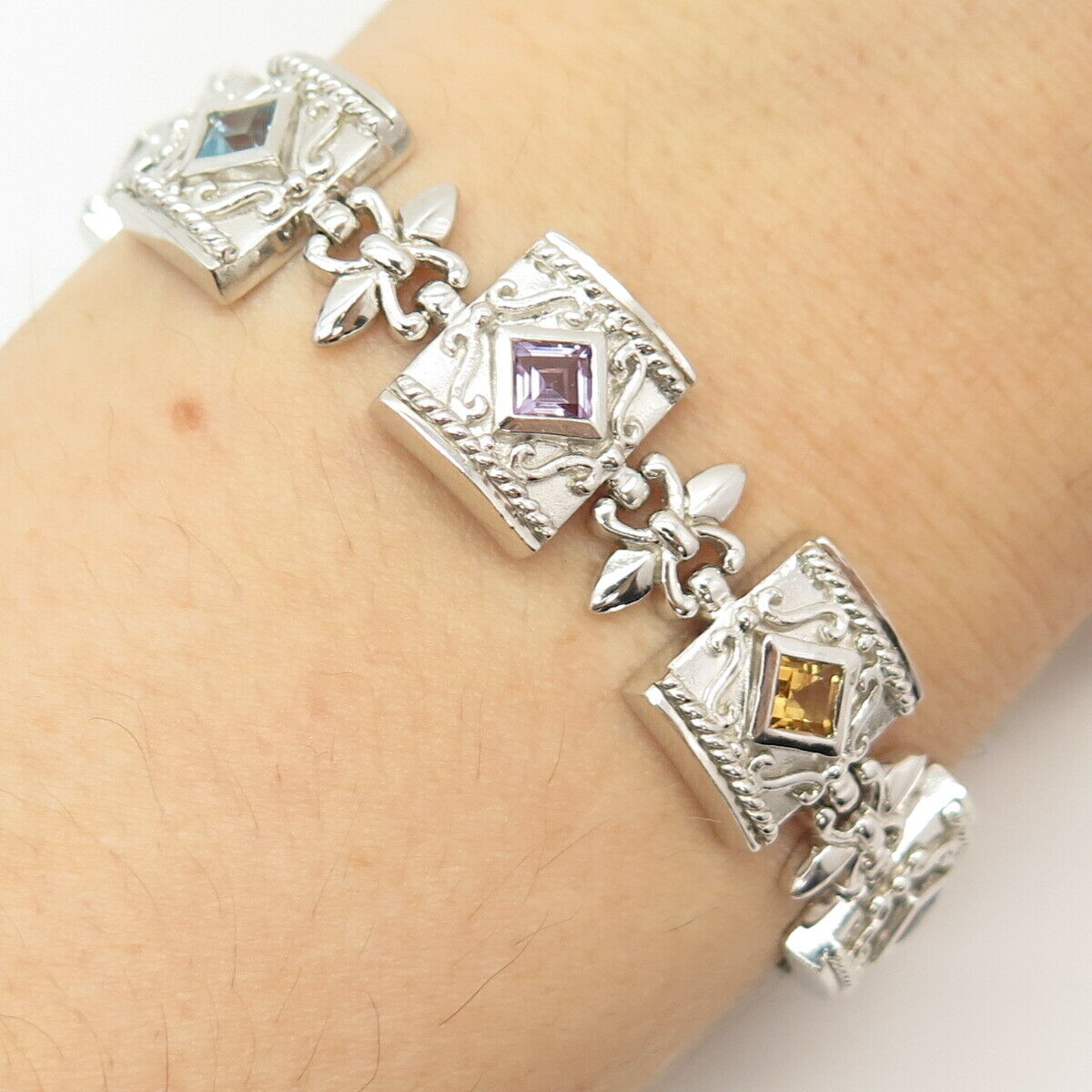 925 Sterling Silver Real Multi-Color Gem Fleur-de-Lis Square Link Bracelet 7"