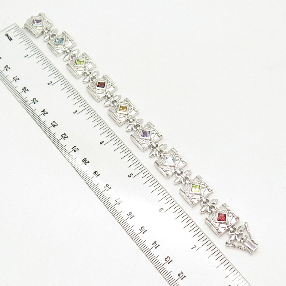 925 Sterling Silver Real Multi-Color Gem Fleur-de-Lis Square Link Bracelet 7"