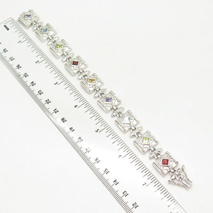 925 Sterling Silver Real Multi-Color Gem Fleur-de-Lis Square Link Bracelet 7"