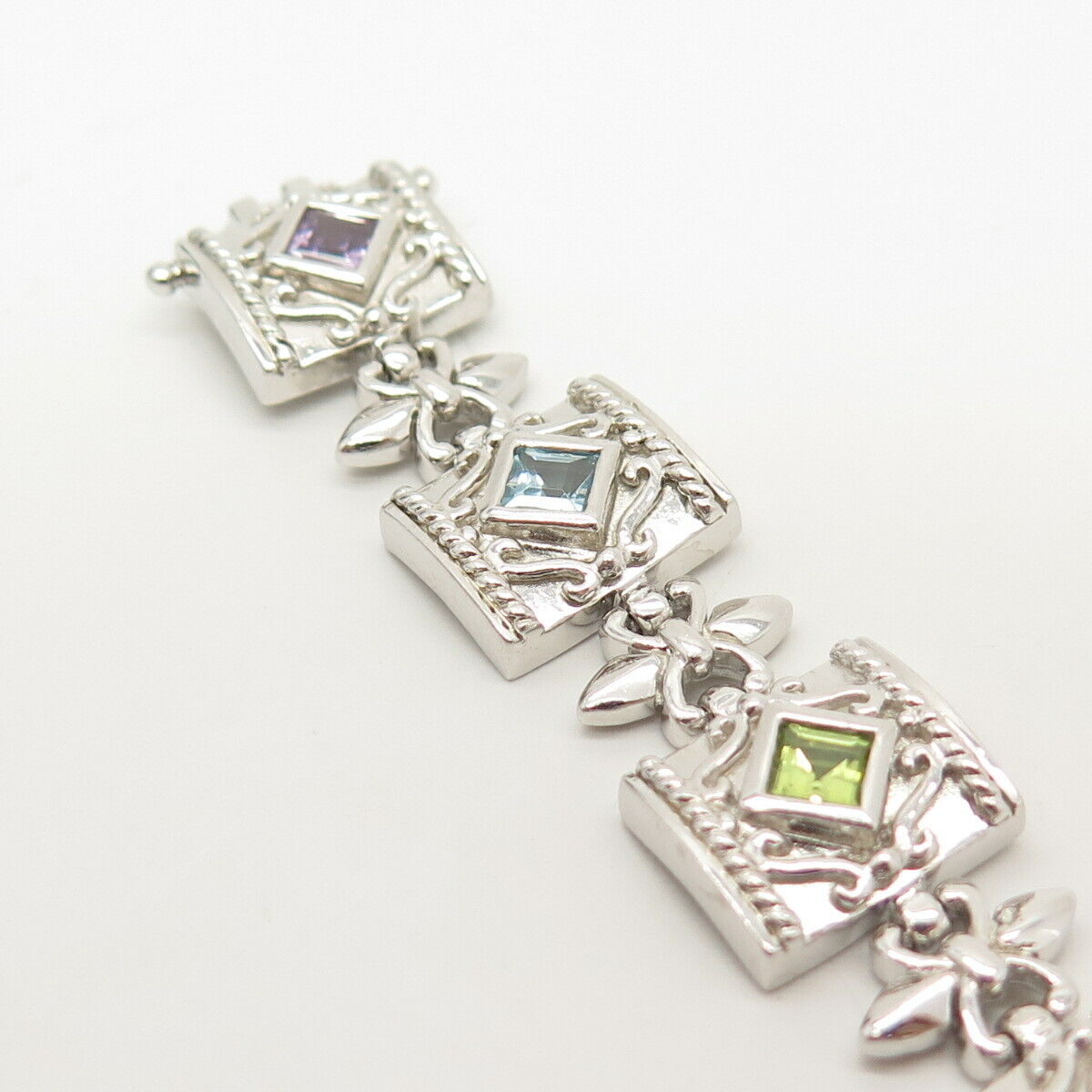 925 Sterling Silver Real Multi-Color Gem Fleur-de-Lis Square Link Bracelet 7"