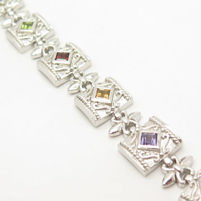 925 Sterling Silver Real Multi-Color Gem Fleur-de-Lis Square Link Bracelet 7"