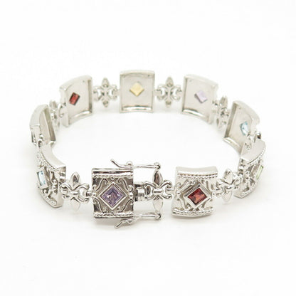 925 Sterling Silver Real Multi-Color Gem Fleur-de-Lis Square Link Bracelet 7"