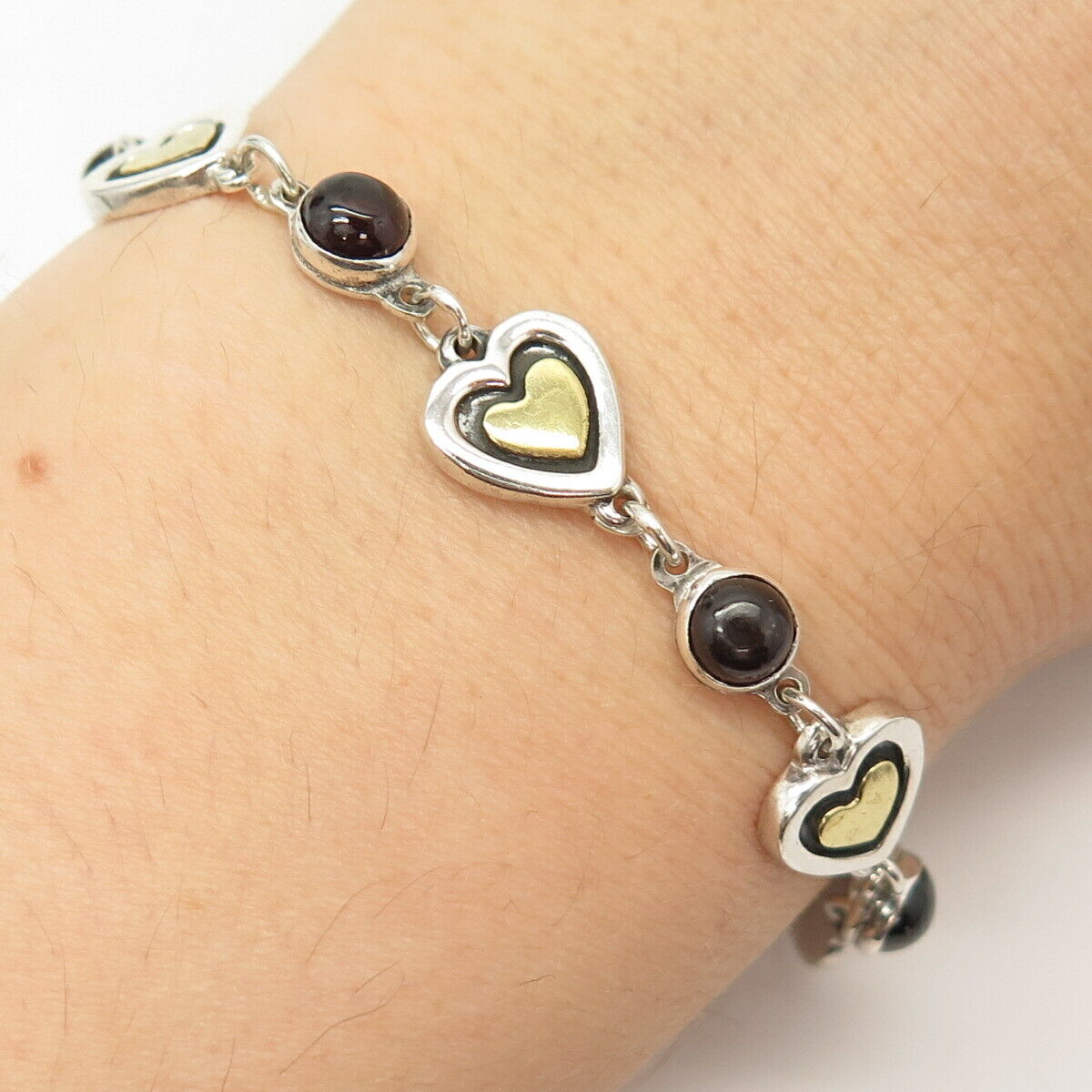 925 Sterling Silver 2-Tone Vintage Real Red Garnet Gem Heart Link Bracelet 7"