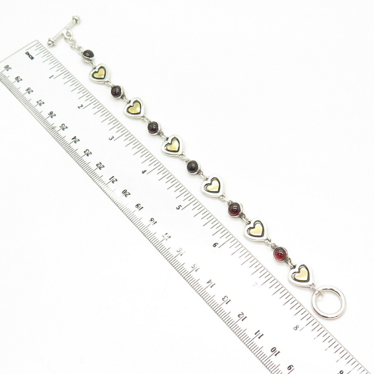 925 Sterling Silver 2-Tone Vintage Real Red Garnet Gem Heart Link Bracelet 7"