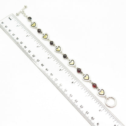 925 Sterling Silver 2-Tone Vintage Real Red Garnet Gem Heart Link Bracelet 7"