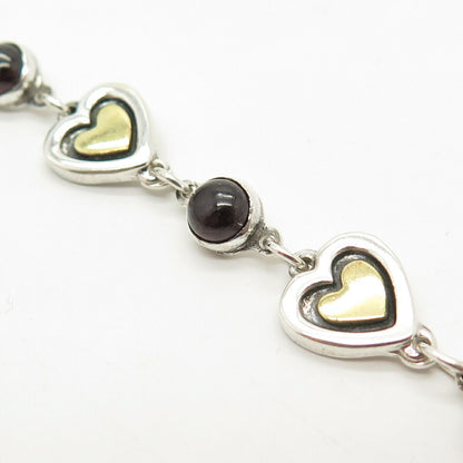 925 Sterling Silver 2-Tone Vintage Real Red Garnet Gem Heart Link Bracelet 7"