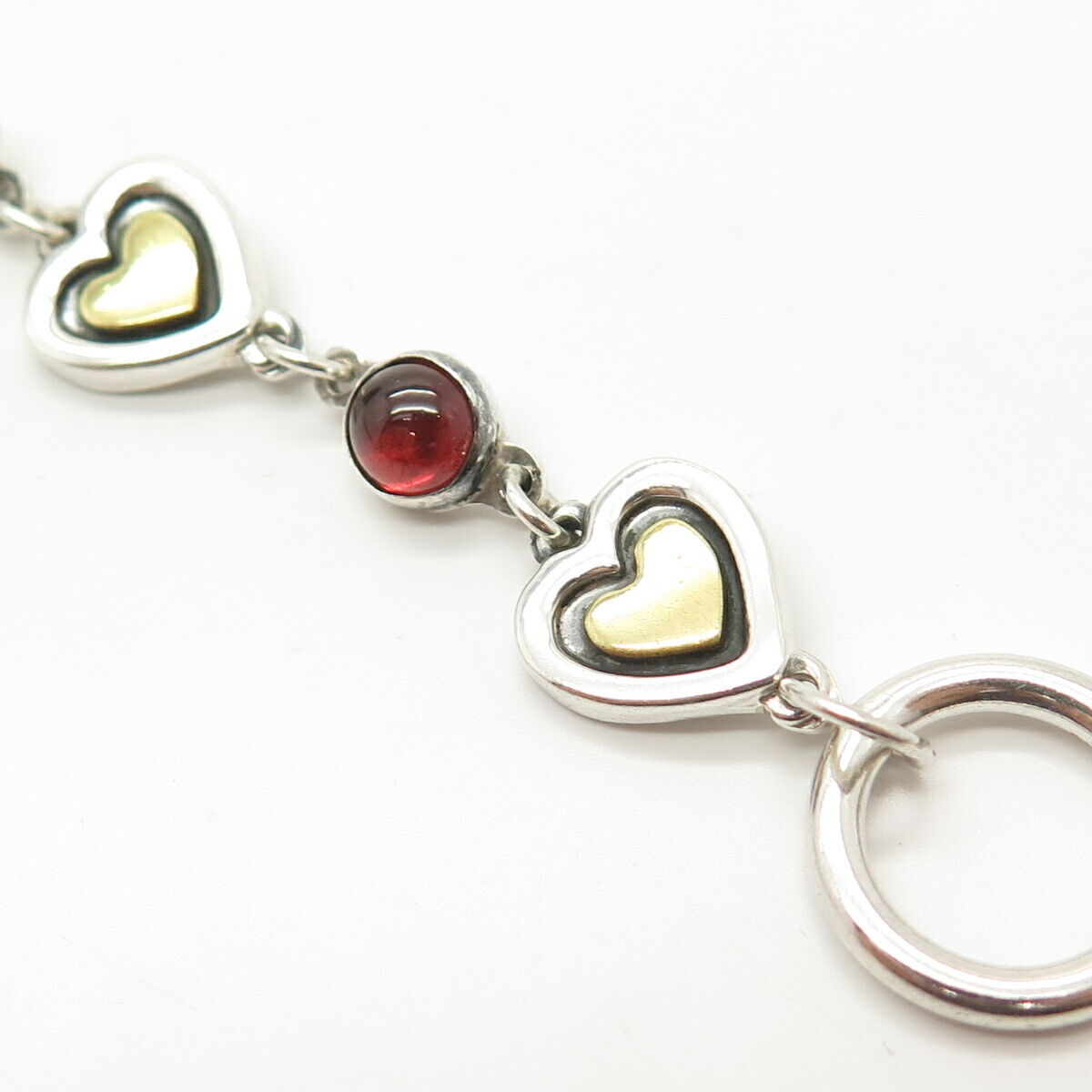 925 Sterling Silver 2-Tone Vintage Real Red Garnet Gem Heart Link Bracelet 7"