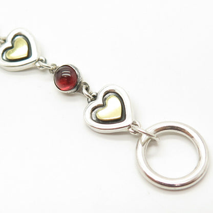 925 Sterling Silver 2-Tone Vintage Real Red Garnet Gem Heart Link Bracelet 7"